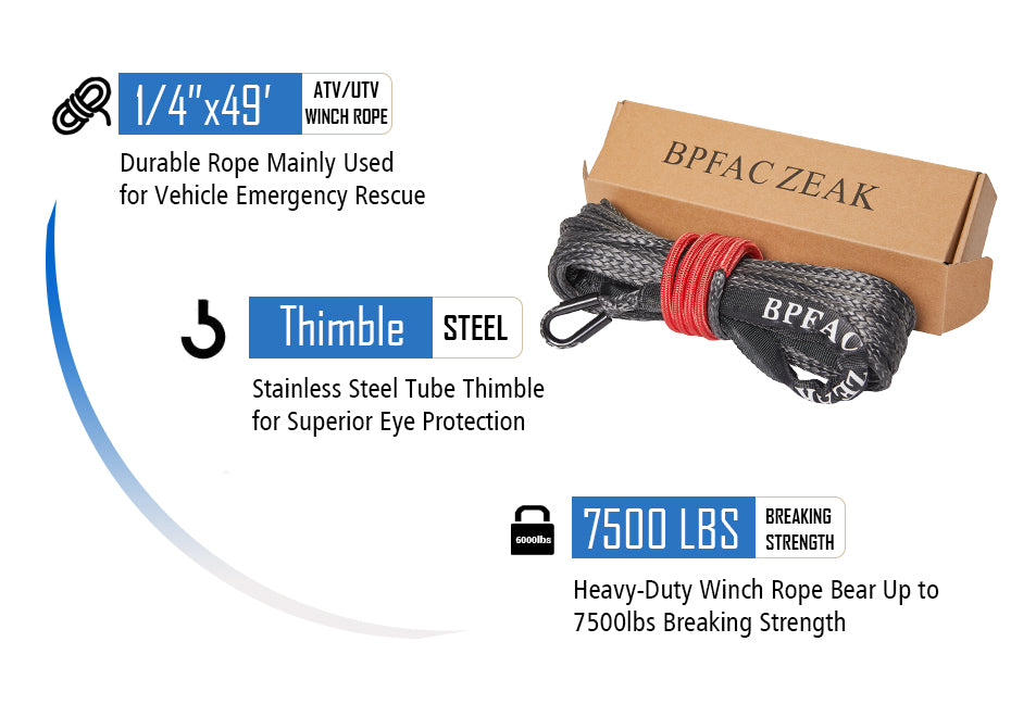 BPFAC ZEAK 1/4'' x 49' Black Synthetic Rope 7500lb Breaking Strength Heavy Duty Winch Rope